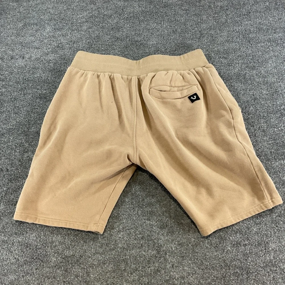 True Religion Mens Sweat Shorts Medium Beige Logo Drawstring Fleece Lounge M
